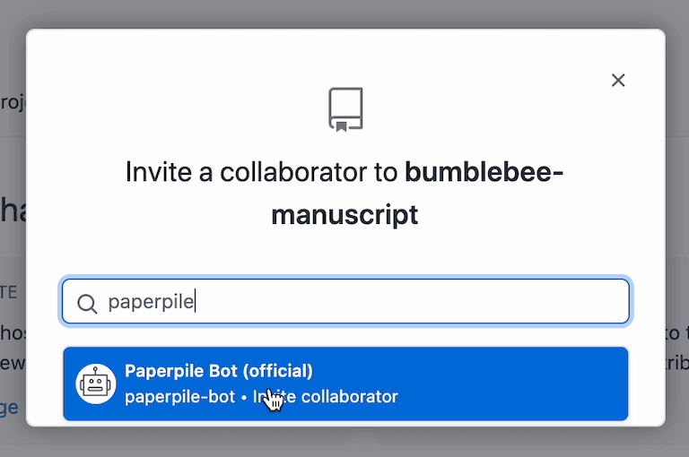The GitHub “Invite a collaborator to bumblebee-manuscript” dialog with “paperpile” typed in the search box and “Paperpile Bot (official) · paperpile-bot” highlighted as the result.